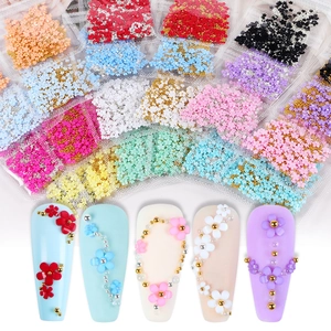 Colorful resin flower nail art charms with beads in transparent packaging and application