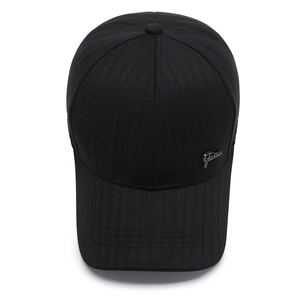 Classic black baseball cap for middle-aged men with striped texture and silver logo