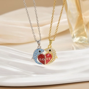 Magnetic dolphin heart couple necklaces in gold and silver with LOVE engraving