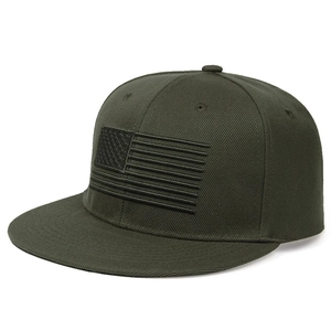 Detail of army green flat brim baseball cap with American flag embroidery