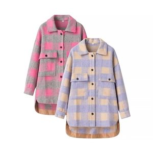 Women Plaid Shacket Wool Blend Long Sleeve Flannel Shirt Jacket Button Down Oversized Coat With Pockets Casual Outerwear