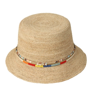 Handmade raffia straw sun hat with colorful rainbow ribbon and seashell accents