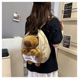 Detail of Capybara backpack featuring plush water pig design and PVC display pocket