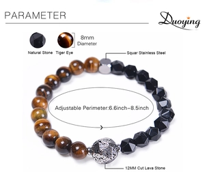 Detail of 8mm tiger eye and obsidian beads with stainless steel spacer on adjustable bracelet
