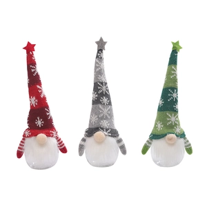 Three Christmas faceless forest gnomes with knitted hats and transparent candy jars