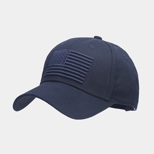Detailed view of the navy blue baseball cap with 3D embossed American flag patch