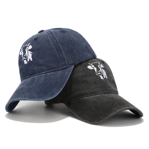 Distressed cotton baseball caps with cow embroidery in navy blue and washed black colors