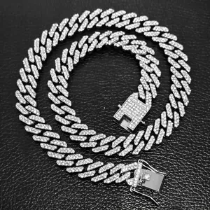 Miami Cuban Link Chain Alloy Rhinestone Full Iced Out Hip Hop Rap Style Shiny Necklace Unisex
