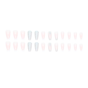 White French ballet press-on nails set with glitter powder and rhinestone accents