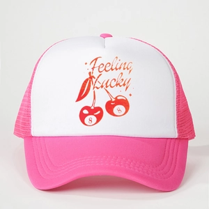 Pink and white trucker hat featuring Feeling Lucky text and cherry billiards graphic