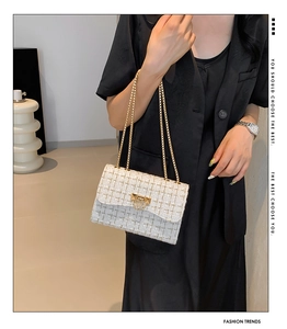 Detail of beige tweed shoulder bag with gold chain strap and elegant metal clasp