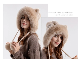 Detail of winter cat ear hat with plush lining and decorative pom-poms in beige