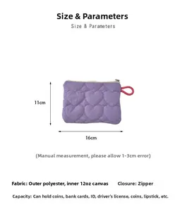 Detailed size map of purple quilted heart mini bag showing 16x11cm dimensions