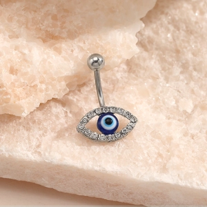 Silver stainless steel belly button ring with blue evil eye pendant and sparkling crystals