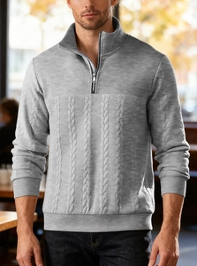 Detailed view of grey heavy knit sweater featuring a quarter-zip collar and textured patterns