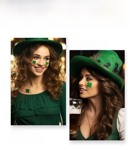 Detailed view of St. Patrick's Day green shamrock face tattoo stickers for party decor