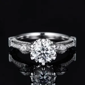 Luxurious 1 carat round moissanite ring with pavé diamonds on a silver band