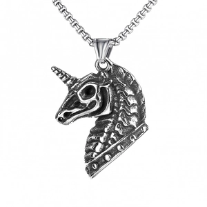 Retro Hip-Hop Edelstahlkette Legierung Einhorn Totenkopf Anhänger Halskette Gothic Punk Schmuck Für Damen Herren Vintage Oxidierter Metallschmuck Geschenk
