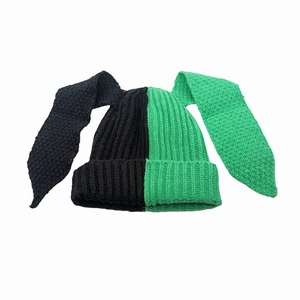 Cute bunny ear knitted beanie with punk black and green contrast patchwork design