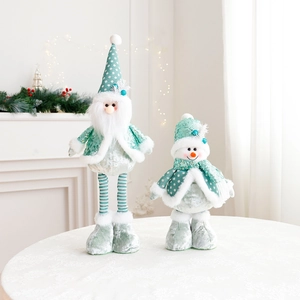Mint green plush Christmas Santa and snowman dolls with telescopic legs for home decoration