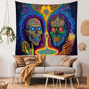 Detailed psychedelic mushroom tapestry with double skull design hanging in a modern living room