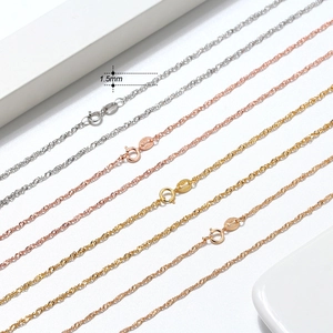 Detail of 1.5mm S925 sterling silver twisted water wave chains in silver gold and rose gold