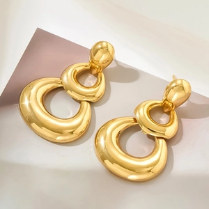 Exaggerated golden triple layer geometric hoop earrings for women in polished finish