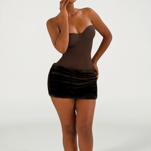 Sexy slim fit strapless dark brown mini dress with luxury faux fur hem for women