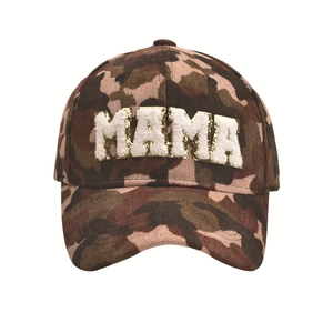 Camo corduroy baseball cap for women with gold-trimmed MAMA chenille patch