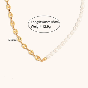 Asymmetric necklace with gold coffee bean link chain and elegant white oval pearls