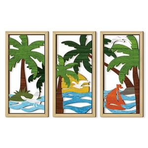 Ensemble de 3 décorations murales en bois ajouré avec paysage de plage et de palmiers