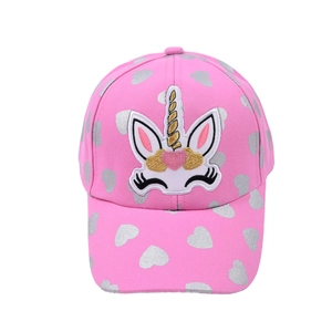 Pink kids baseball cap with unicorn embroidery and heart pattern for sun protection