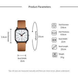 Detailed product dimensions for the British square dial quartz watch with leather strap