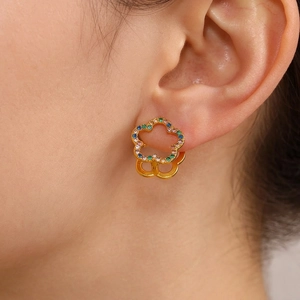 Flower Hollow Earrings Colorful Zircon Inlaid Stainless Steel Elegant Fashion Jewelry For Women