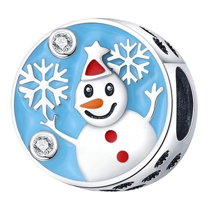 Christmas snowman charm with blue enamel and silver plating for bracelets and necklaces