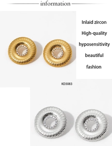 Macro detail of sunburst texture stainless steel earrings with inlaid zircon stones