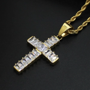 316L gold plated stainless steel cross pendant necklace with rectangular AAA zircons