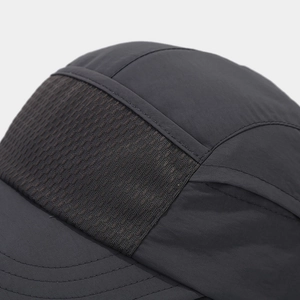 Close-up of quick-dry fabric and breathable mesh panels on this dark grey sun hat