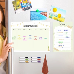 Magnetic weekly planner and to-do list set with 6 markers and towel on refrigerator
