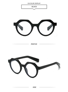 Front and side view of black vintage polygonal thick frame sunglasses on white background