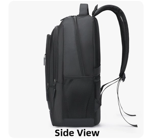 Side view of black durable laptop backpack with breathable mesh pockets and padded straps