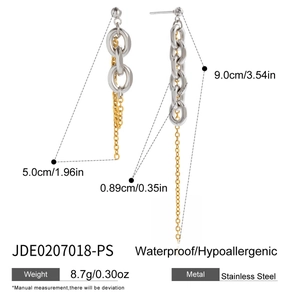 Detail showing asymmetric stainless steel chain earrings with dimensions and gold finish