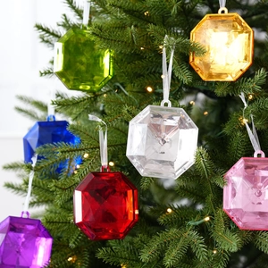 Plastic Acrylic Christmas Tree Hanging Ornaments Faceted Octagonal Gemstone Pendant Sparkling Holiday Party Decoration
