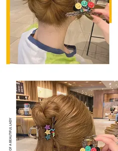Detail of amber hair claw clips with colorful smiley faces and stars for updos