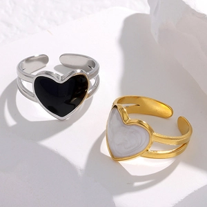 Minimalist stainless steel open heart rings in black and marble white enamel finish