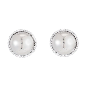 Lustrous white spherical stud earrings with a sparkling zircon halo in 18K gold stainless steel