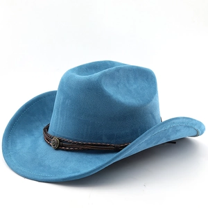 Close-up of peacock blue suede cowboy hat with woven leather band and metal buckle