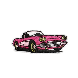 Pink convertible sports car embroidered patch with detailed stitching for clothing