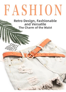 Detail of vintage brown nubuck leather belt with golden round buckle on denim shorts