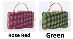 Close-up of elegant rose red and green rhinestone evening bags with gold metal handles